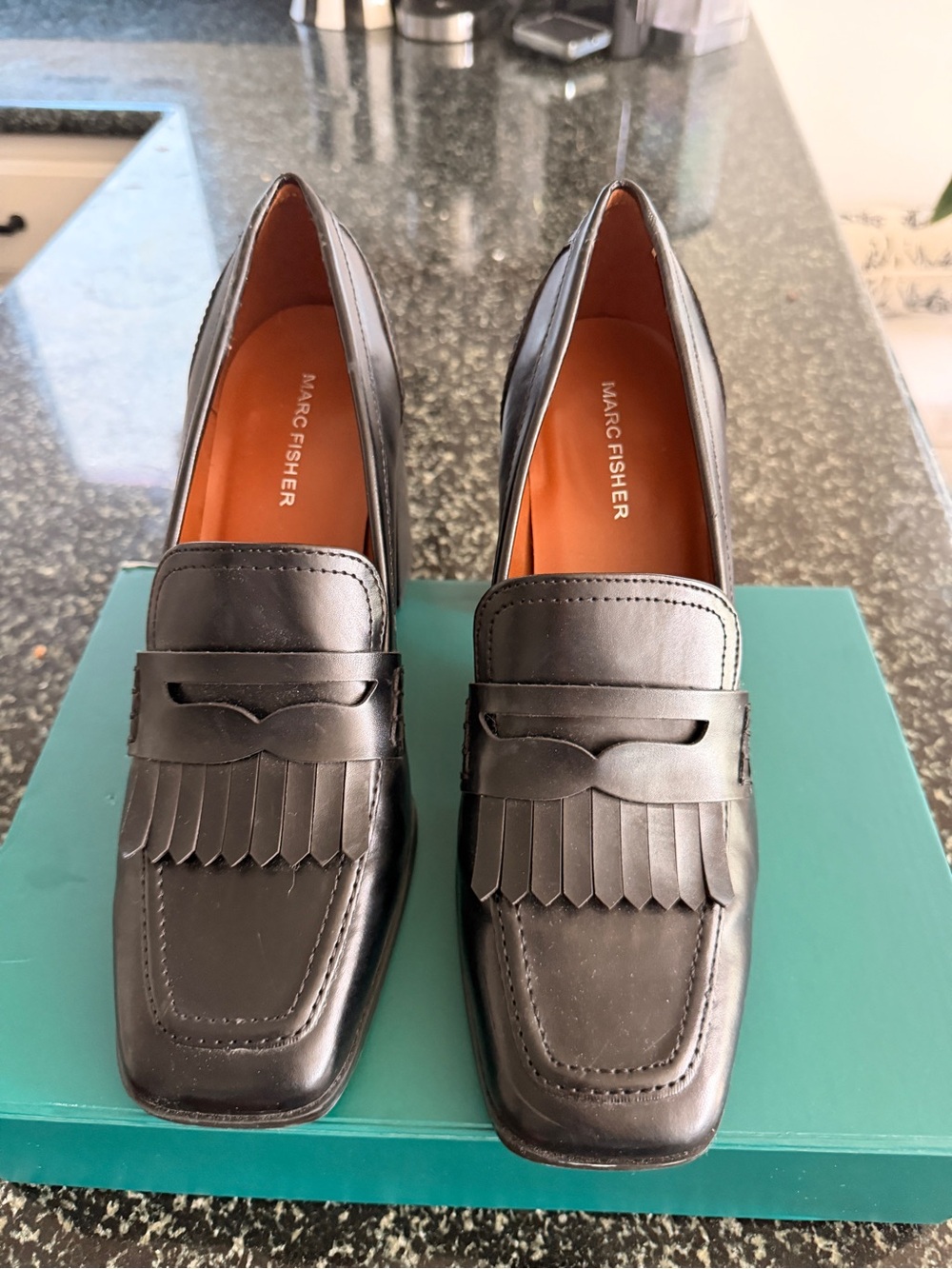 Marc Fisher Black Leather Fringe Penny Loafers